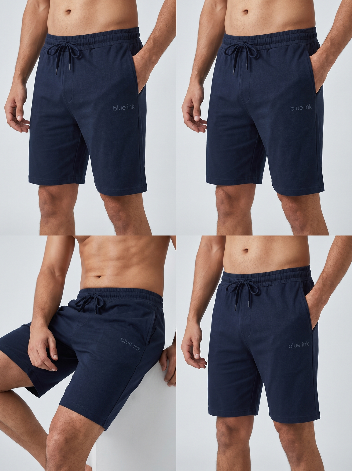 A four-panel collage showing a man wearing navy blue drawstring shorts from different angles. The shorts have a small light logo on the left thigh and side pocket area.