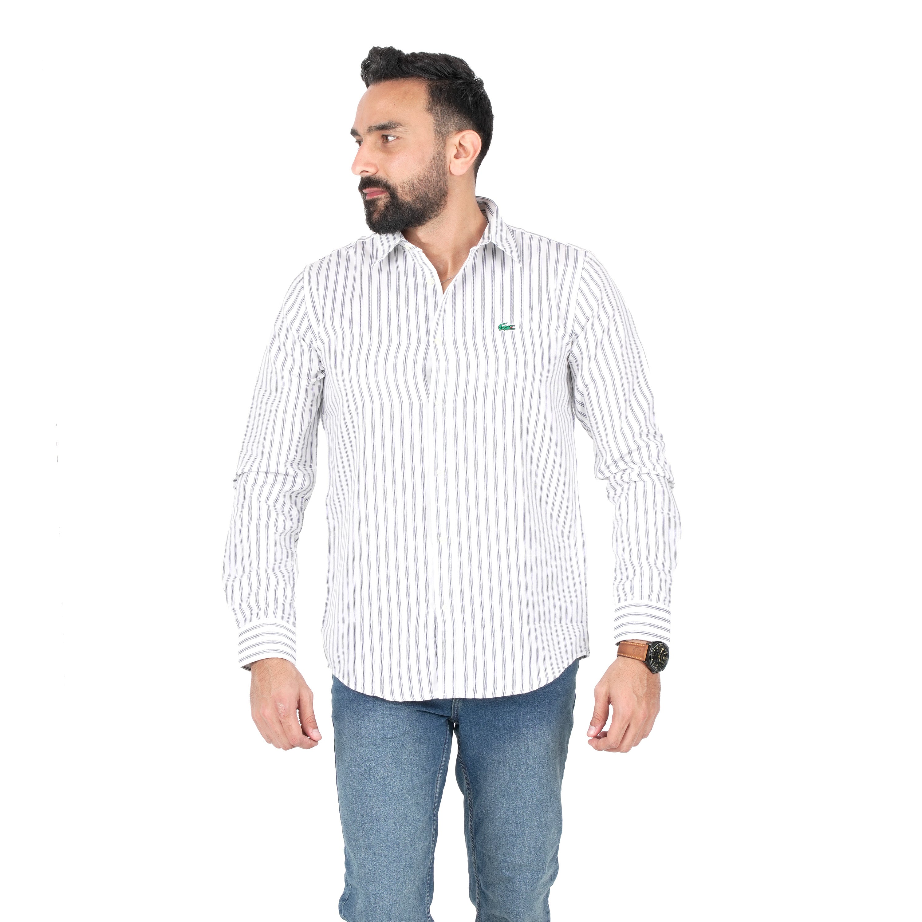 Men’s White & Navy Striped Long Sleeve Formal Shirt – Classic Fit