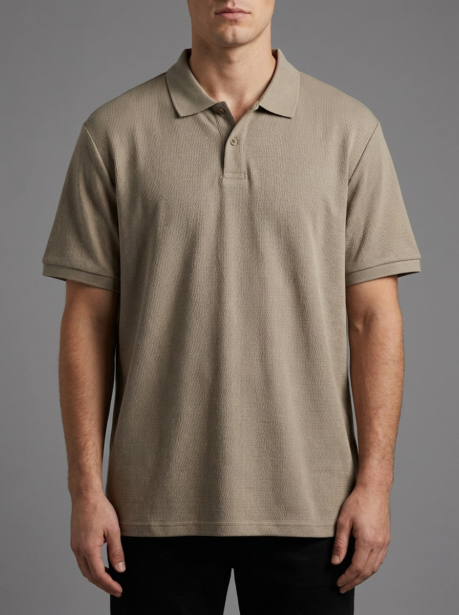 Man wearing a taupe polo shirt against a gray background