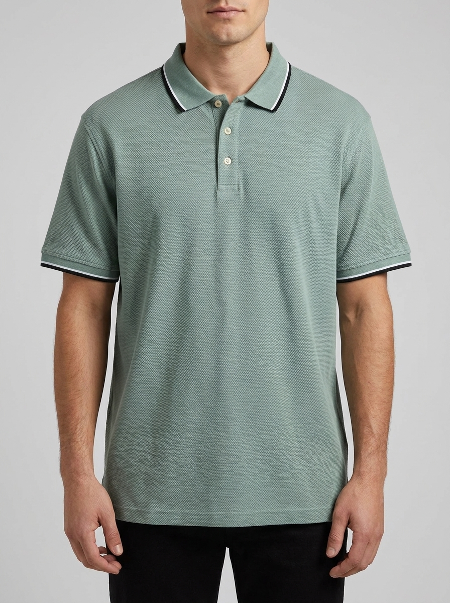 Man wearing a green polo shirt with white trim on a gray background