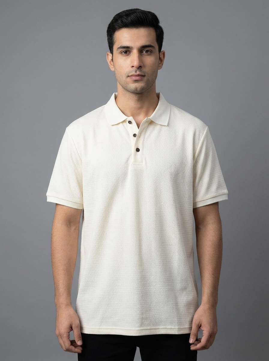 Man wearing a cream-colored polo shirt against a gray background