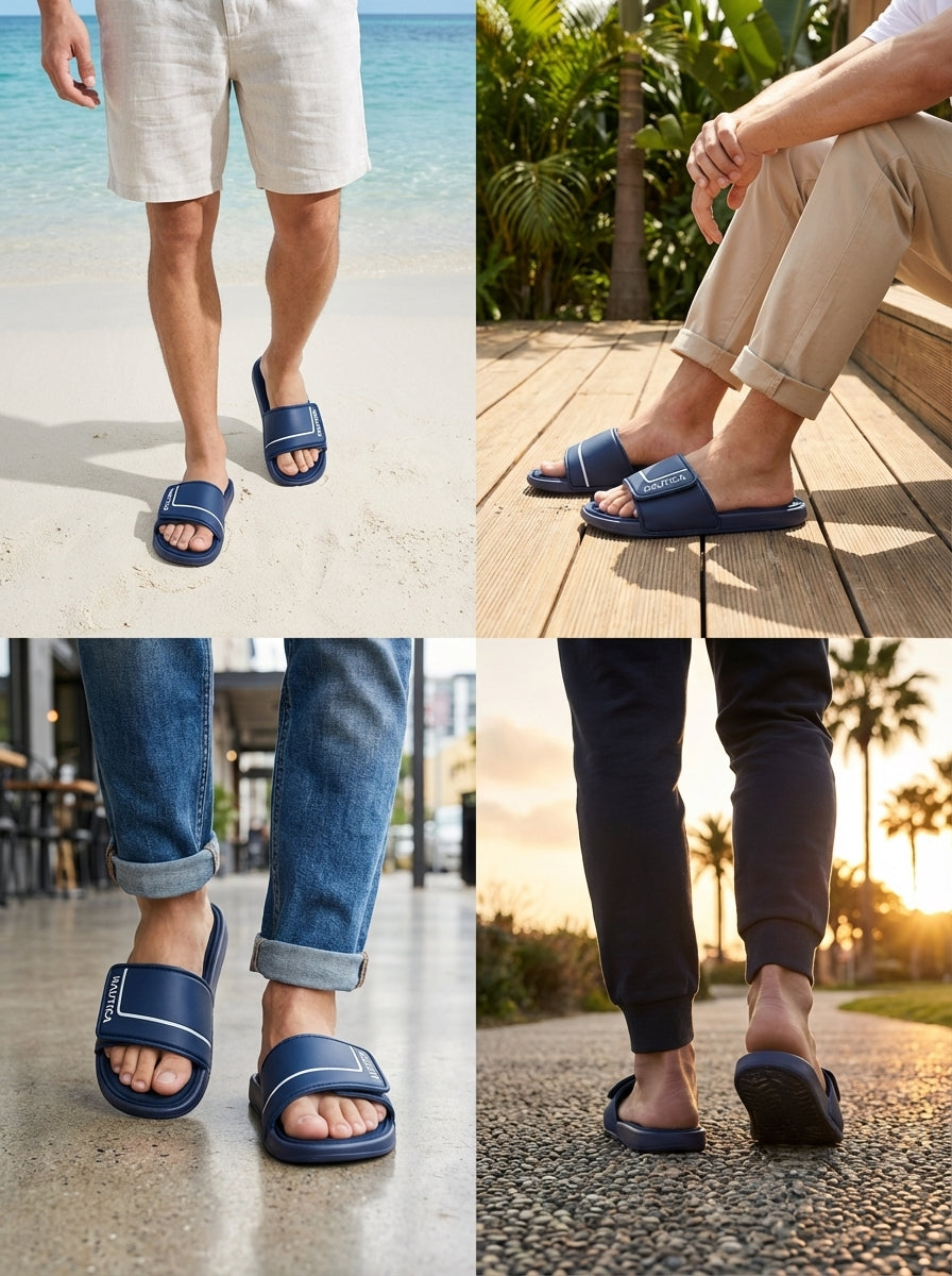 Collage of people wearing navy sandals in various settings.