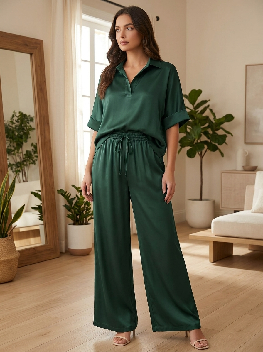 Women’s Satin-Finish Lounge Set | V-Neck Tunic & Wide-Leg Trousers
