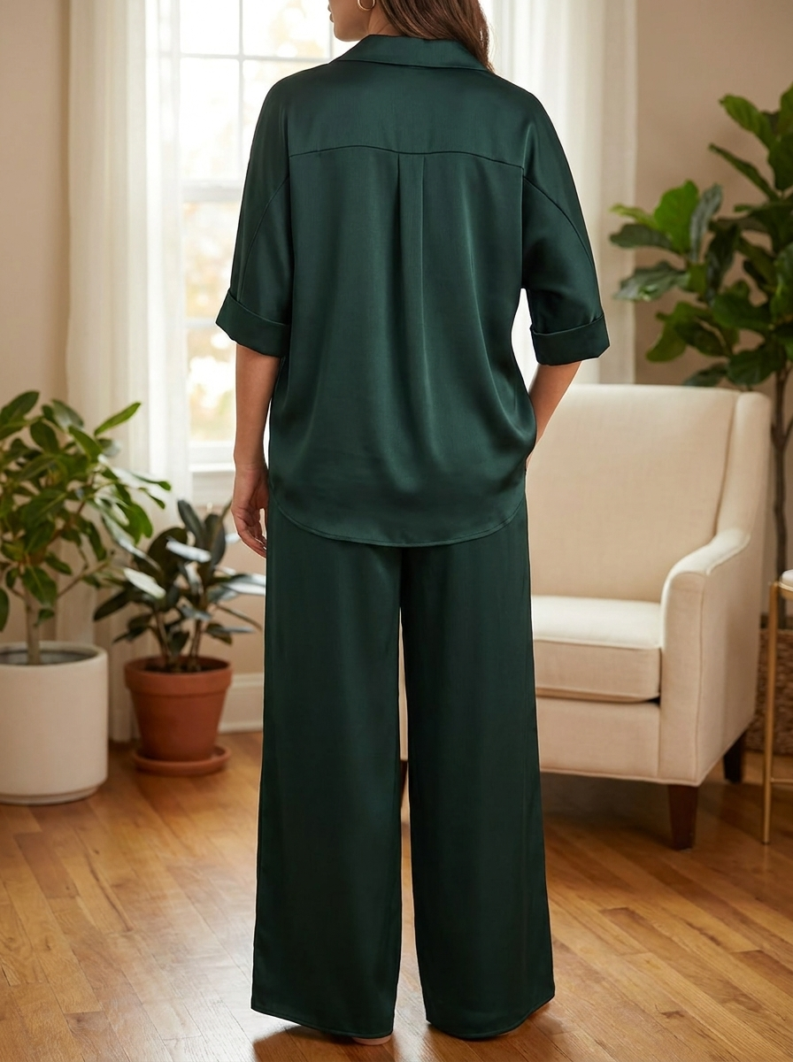Women’s Satin-Finish Lounge Set | V-Neck Tunic & Wide-Leg Trousers