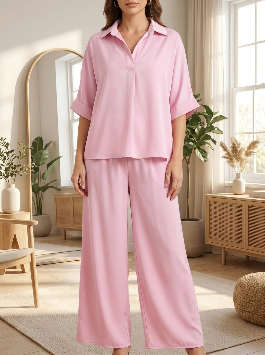 Women’s Satin-Finish Lounge Set | V-Neck Tunic & Wide-Leg Trousers