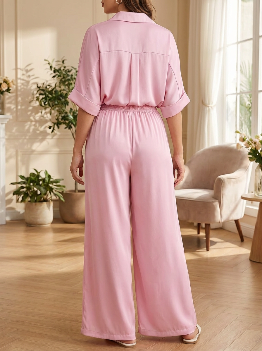 Women’s Satin-Finish Lounge Set | V-Neck Tunic & Wide-Leg Trousers