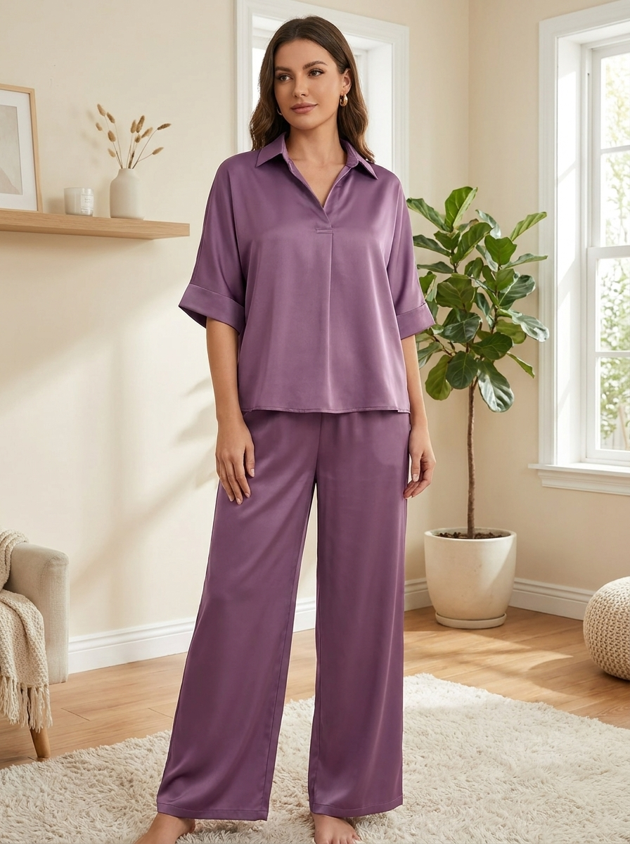 Women’s Satin-Finish Lounge Set | V-Neck Tunic & Wide-Leg Trousers