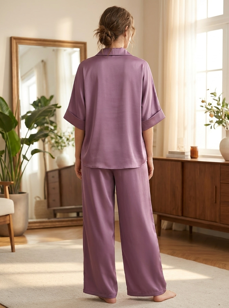 Women’s Satin-Finish Lounge Set | V-Neck Tunic & Wide-Leg Trousers