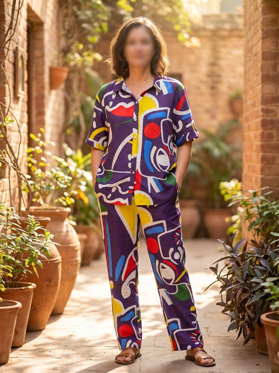 Person wearing a colorful outfit standing in an outdoor setting with plants and brick walls.