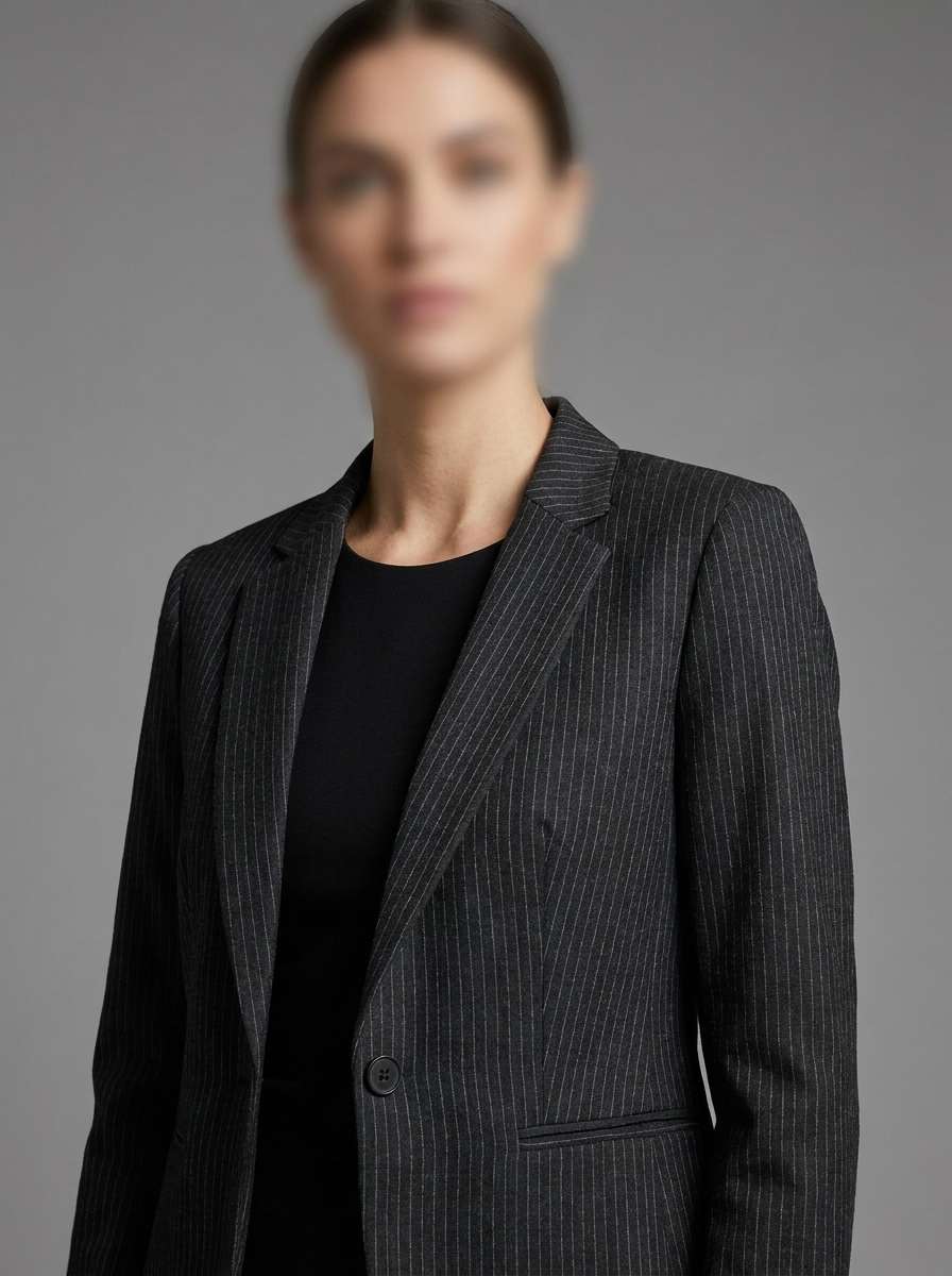 Person wearing a dark pinstripe blazer over a black top on a gray background