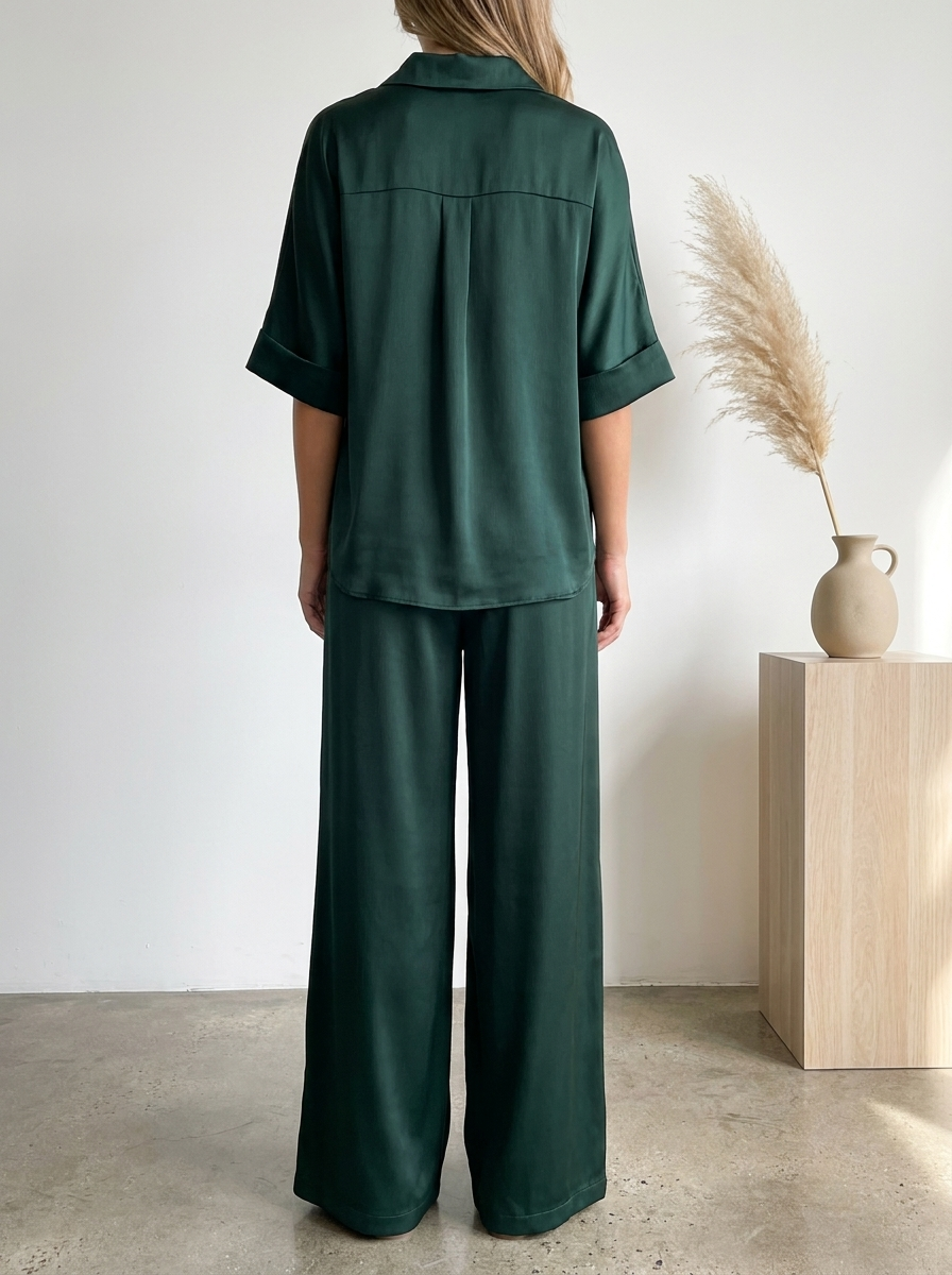 Person wearing a green outfit standing in a minimalistic room with a vase on a table.