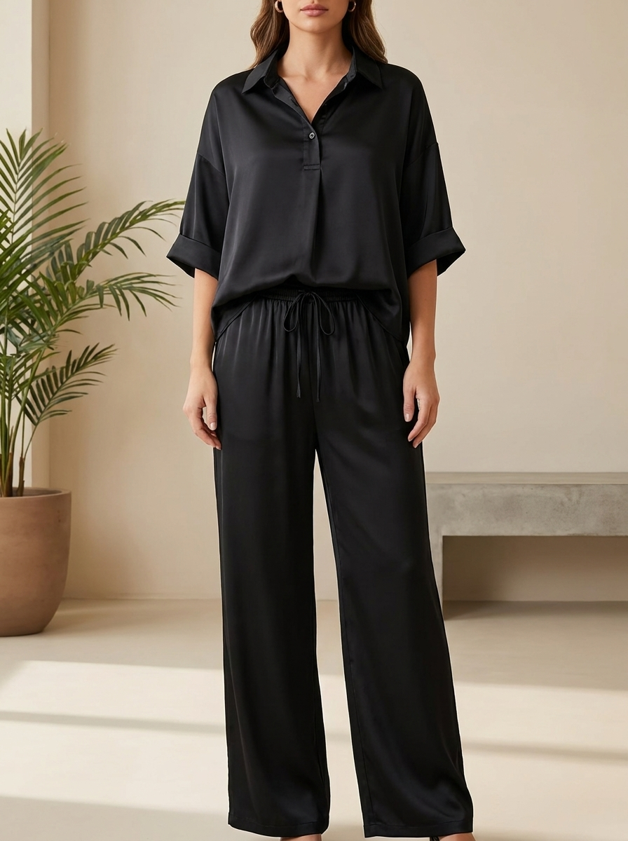 Person wearing a black outfit standing in a minimalistic room with a plant.