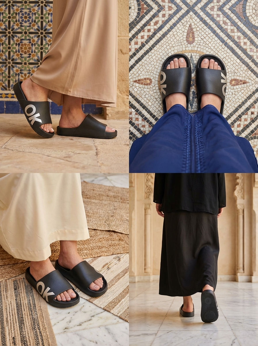 Black sandals worn by a person in various settings with a mosaic floor background.