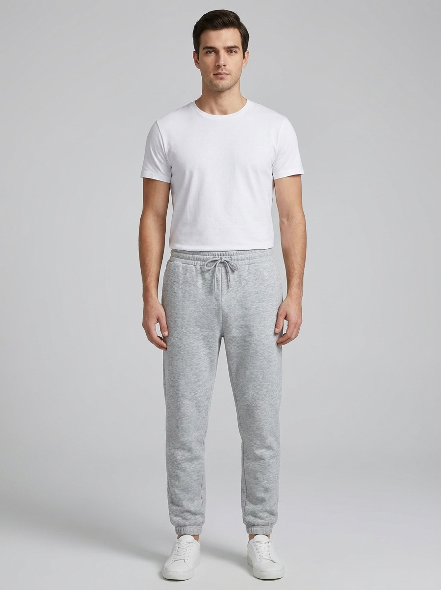 Man wearing a white t-shirt and gray sweatpants on a plain background