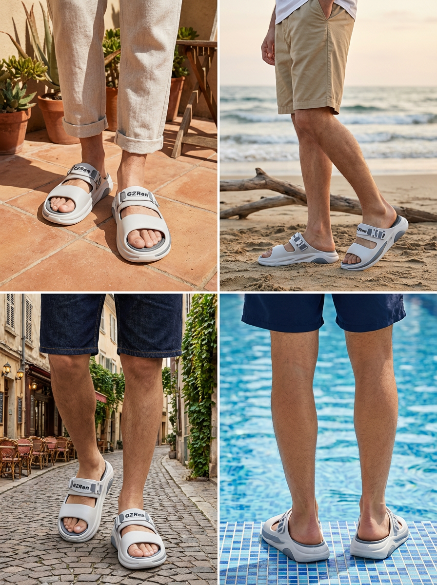 Four different scenes showing a person wearing white sandals with brand logo, paired with various outfits and backgrounds.