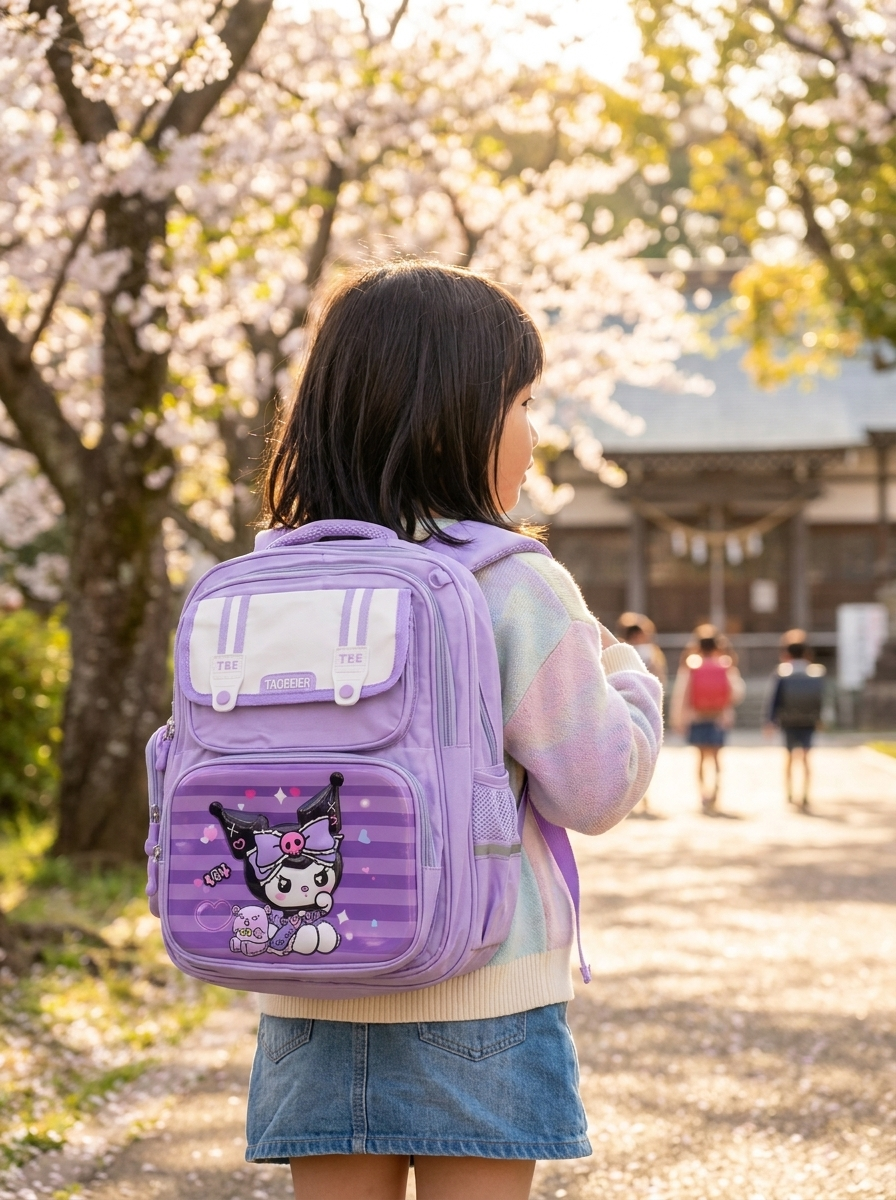Person with a purple backpack featuring a cartoon character, standing in a park with cherry blossom trees.