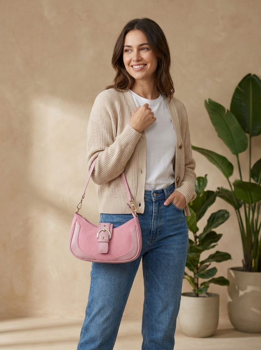 Chic Crescent Shoulder Bag with Buckle Accent - Adjustable Crossbody