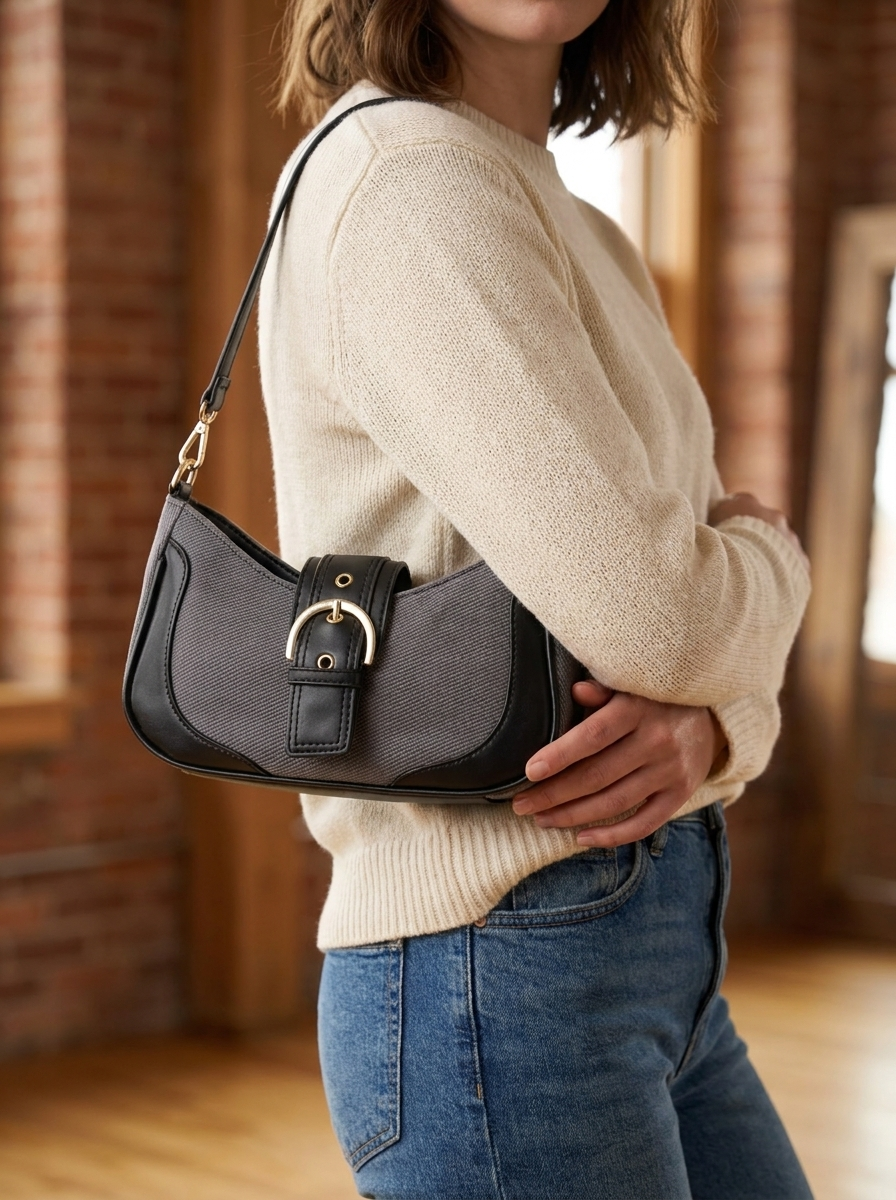 Chic Crescent Shoulder Bag with Buckle Accent - Adjustable Crossbody