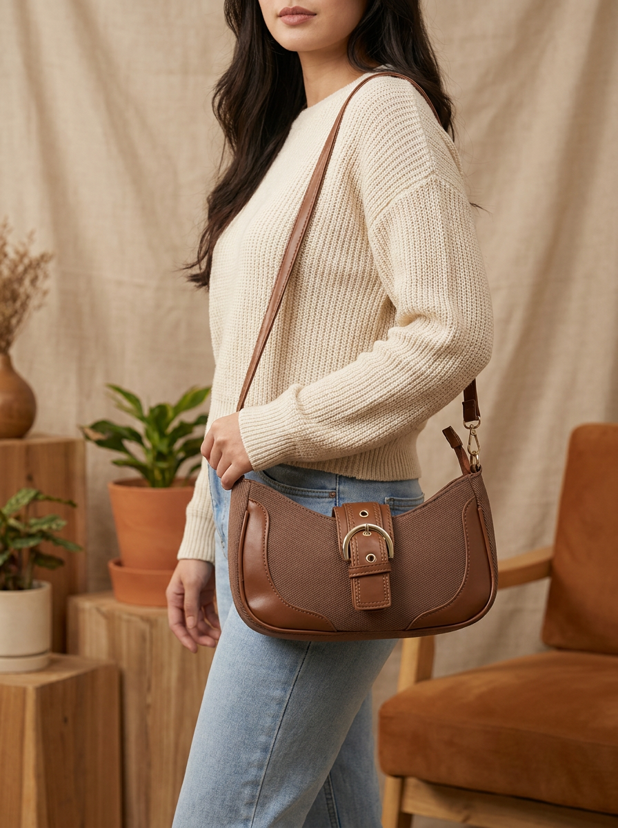 Woman wearing a beige sweater and blue jeans, holding a brown leather bag in a warm-toned indoor setting.