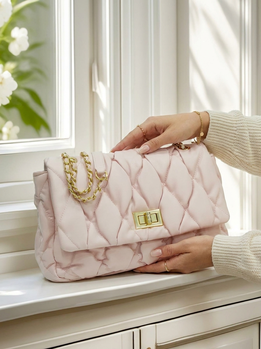 Pink quilted handbag with gold chain and clasp held by a person in a bright room.