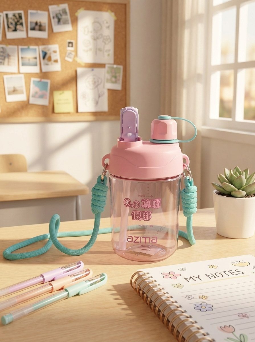 AZMA Kids Water Bottle with Straw & Strap for School & Travel