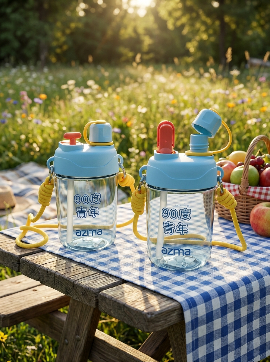 AZMA Kids Water Bottle with Straw & Strap for School & Travel