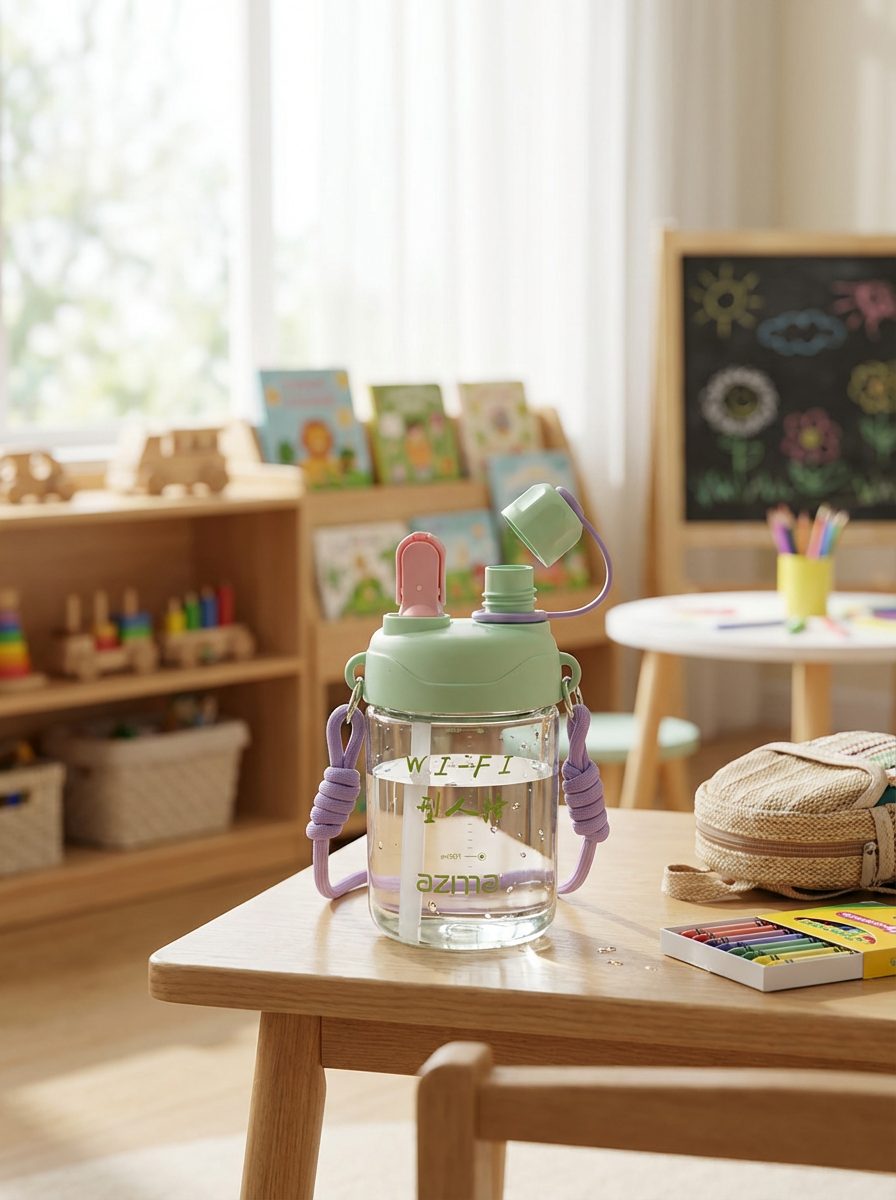 AZMA Kids Water Bottle with Straw & Strap for School & Travel