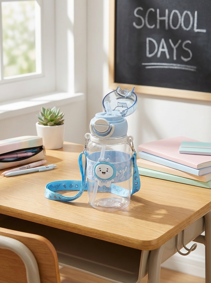Kids Cute Cartoon Water Bottle with Straw & Strap – Leakproof School & Travel Bottle