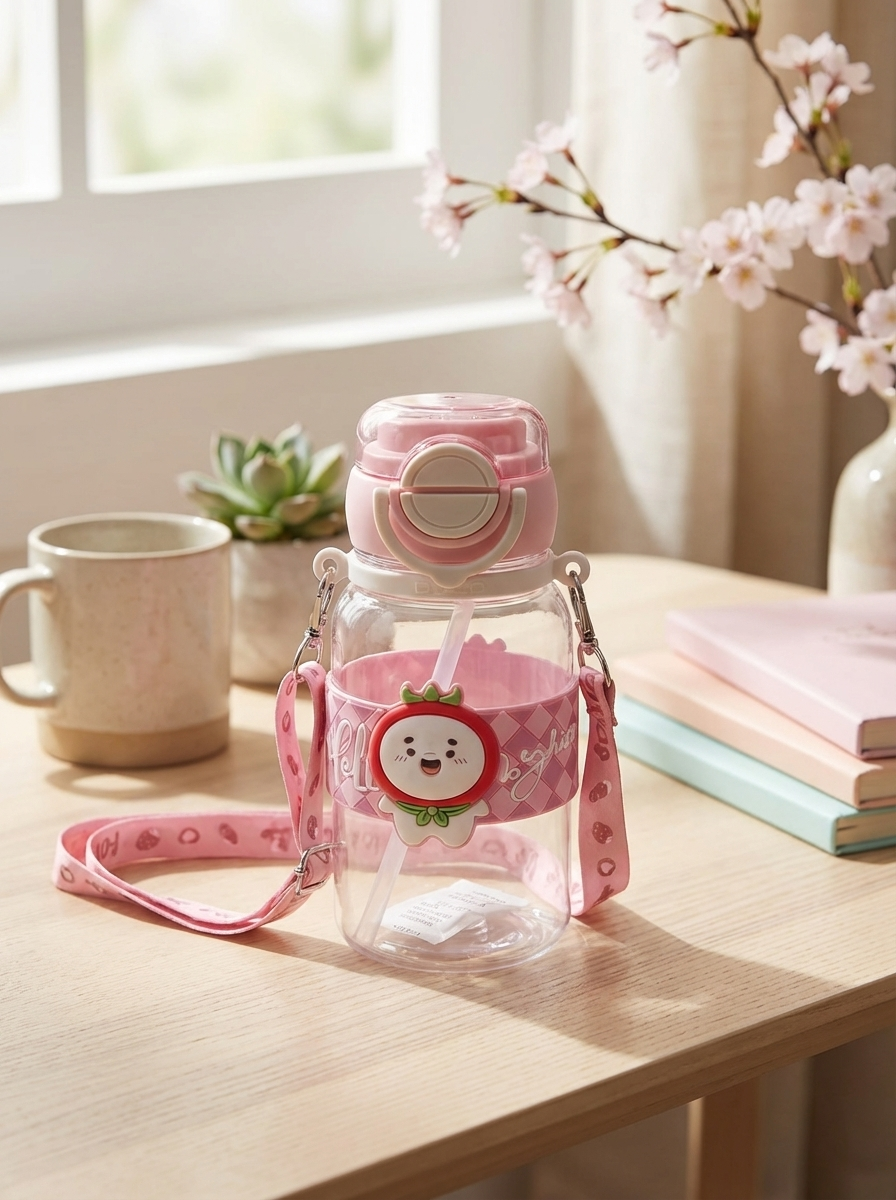 Kids Cute Cartoon Water Bottle with Straw & Strap – Leakproof School & Travel Bottle