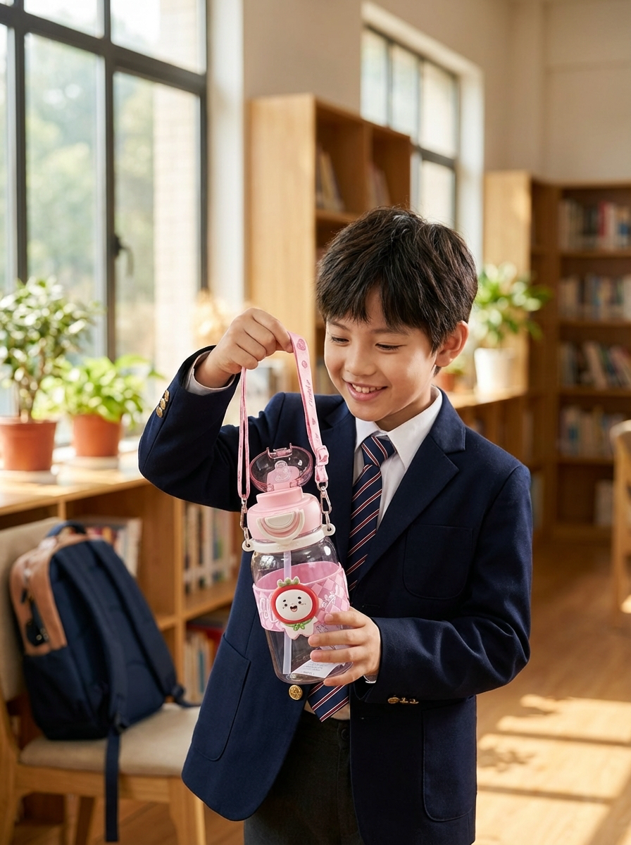 Kids Cute Cartoon Water Bottle with Straw & Strap – Leakproof School & Travel Bottle