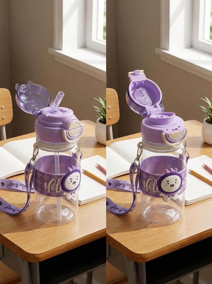 Kids Cute Cartoon Water Bottle with Straw & Strap – Leakproof School & Travel Bottle