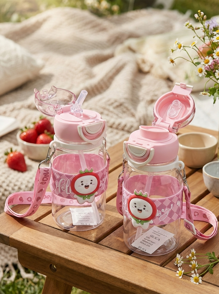 Kids Cute Cartoon Water Bottle with Straw & Strap – Leakproof School & Travel Bottle