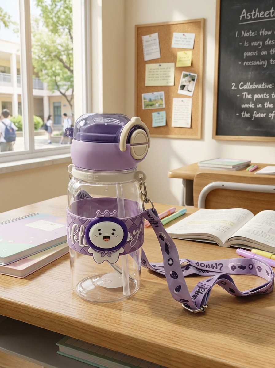Kids Cute Cartoon Water Bottle with Straw & Strap – Leakproof School & Travel Bottle
