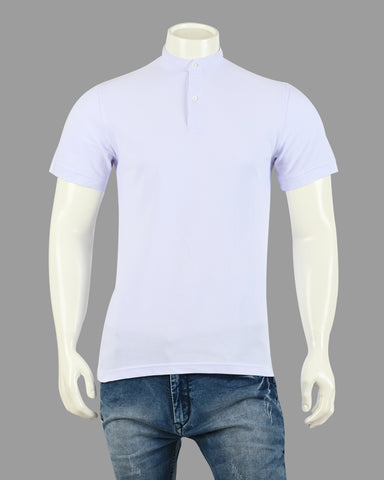 Solid Knit T-Shirt with Mandarin Collar and Short Sleeves