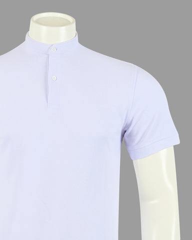 Solid Knit T-Shirt with Mandarin Collar and Short Sleeves