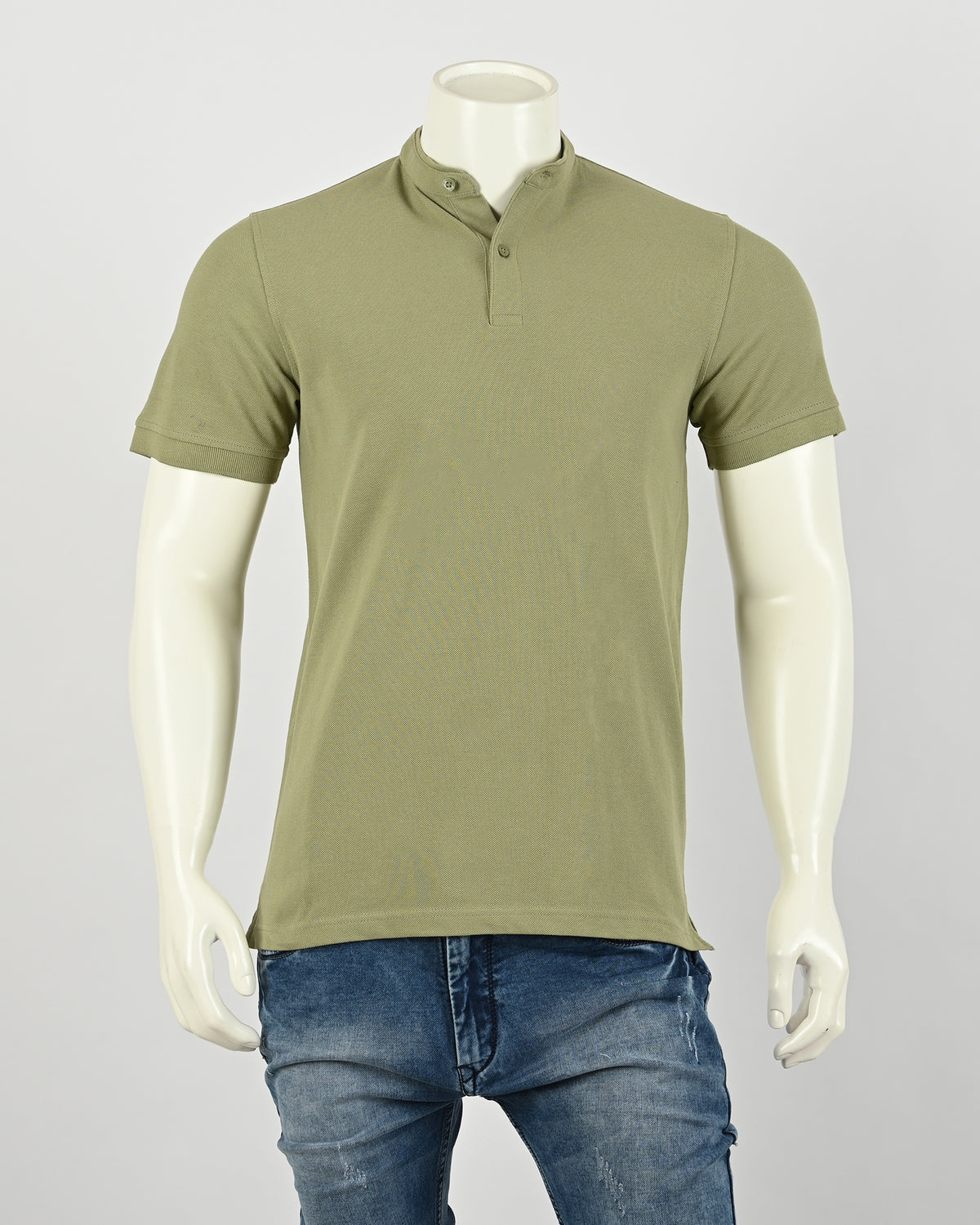Solid Knit T-Shirt with Mandarin Collar and Short Sleeves