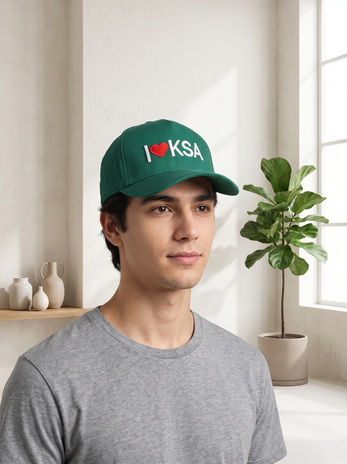 A man wearing a green baseball cap with 'I [heart] KSA' embroidered on the front, paired with a gray t-shirt, standing in a bright, modern room with a potted plant and window.