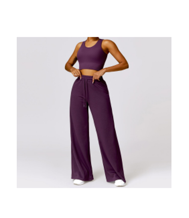 Women's 2-Piece Workout Set – Sleeveless Crop Top & High Waisted Wide Leg Pants.