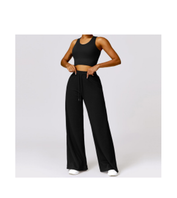 Women's 2-Piece Workout Set – Sleeveless Crop Top & High Waisted Wide Leg Pants.