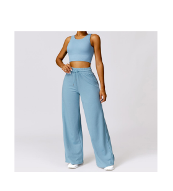 Women's 2-Piece Workout Set – Sleeveless Crop Top & High Waisted Wide Leg Pants.