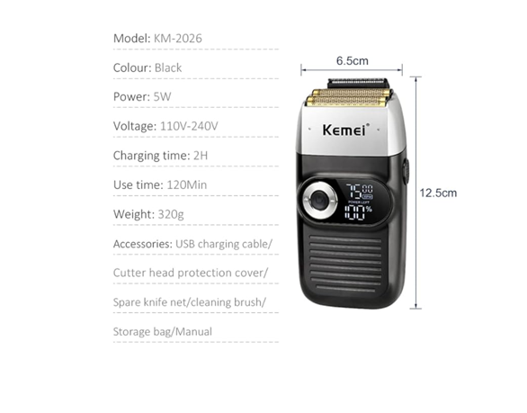 Kemei KM-2026 is a versatile rechargeable electric hair clipper.