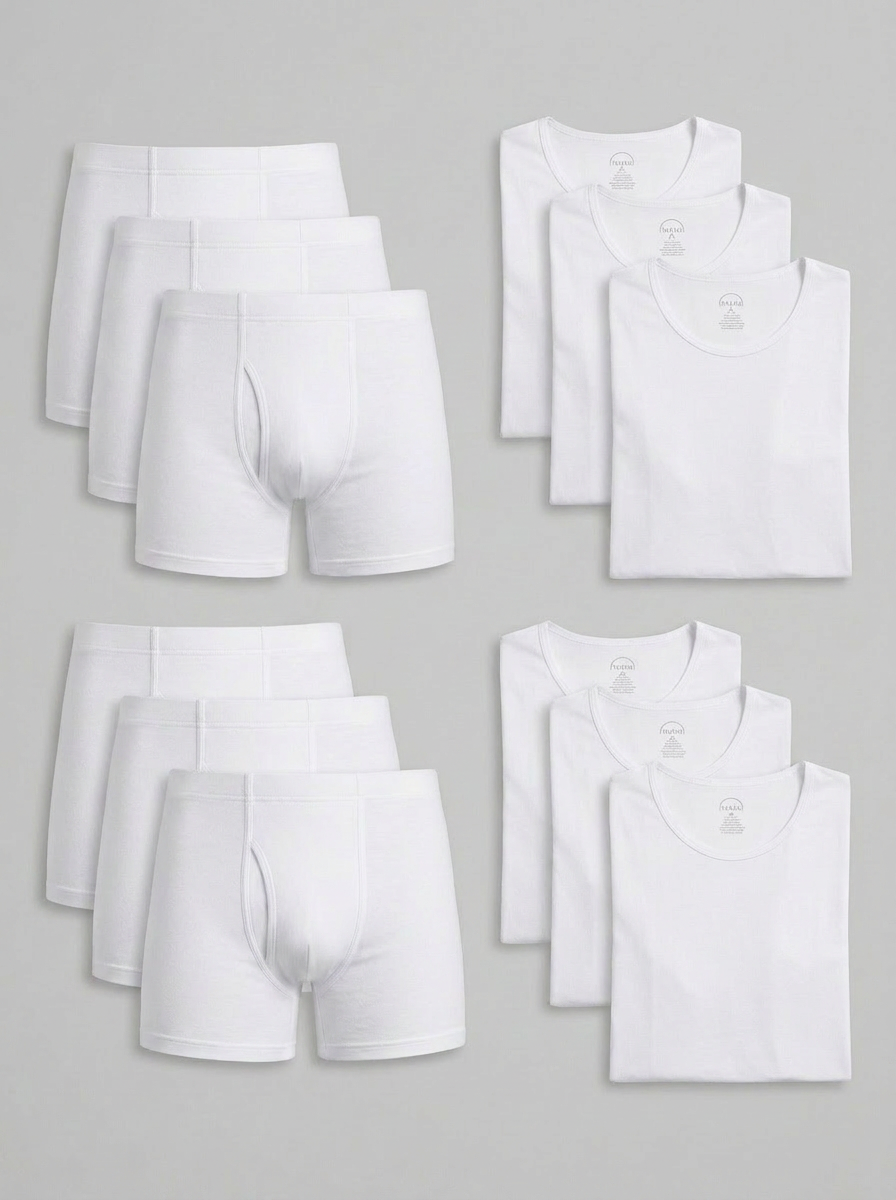 Set of white men's underwear and shirts on a gray background