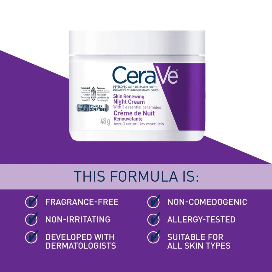 CeraVe Skin Renewing Night Cream jar with purple background and feature text.