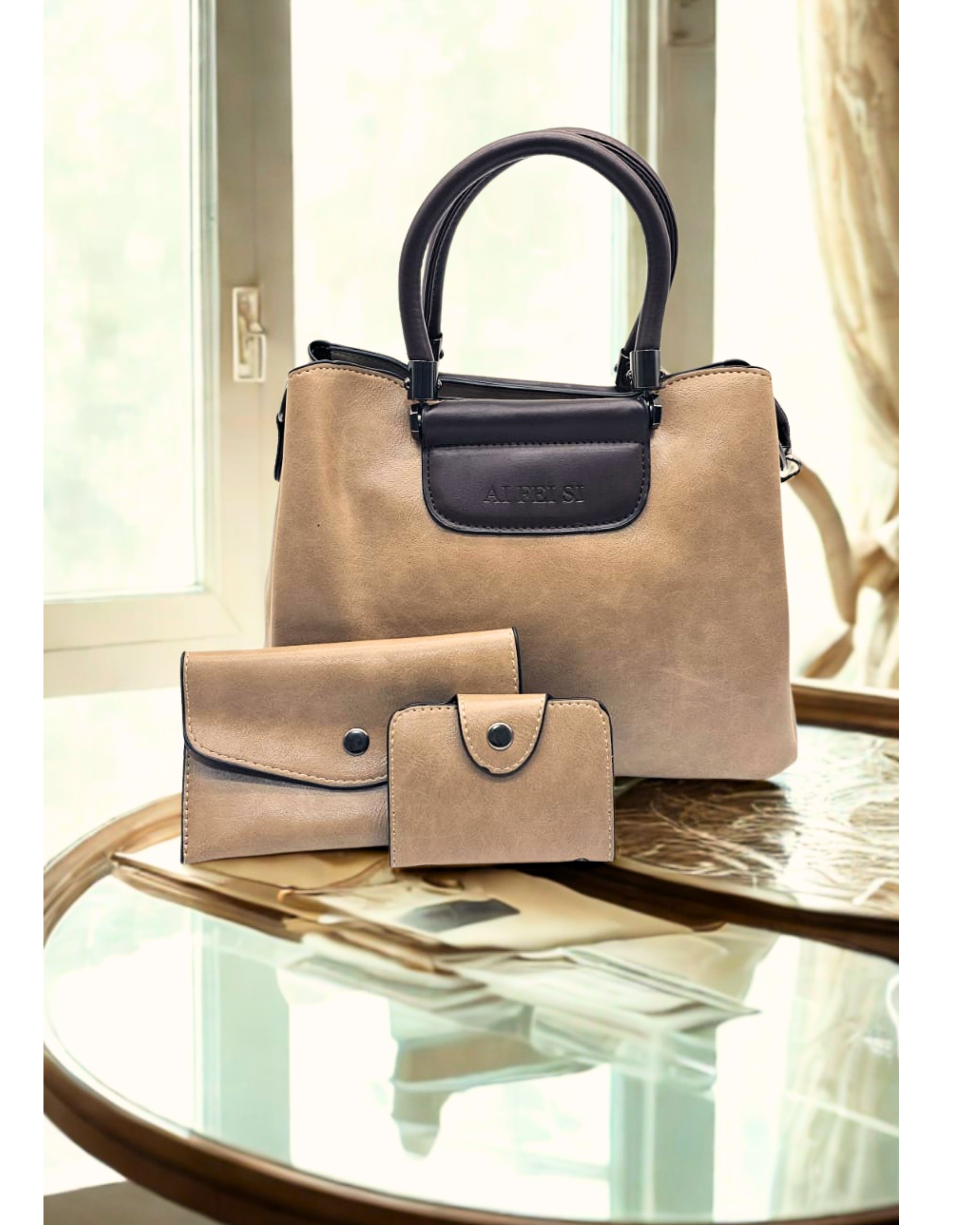 Luxury Two-Tone PU Leather Women Handbag Set with Matching Wallet