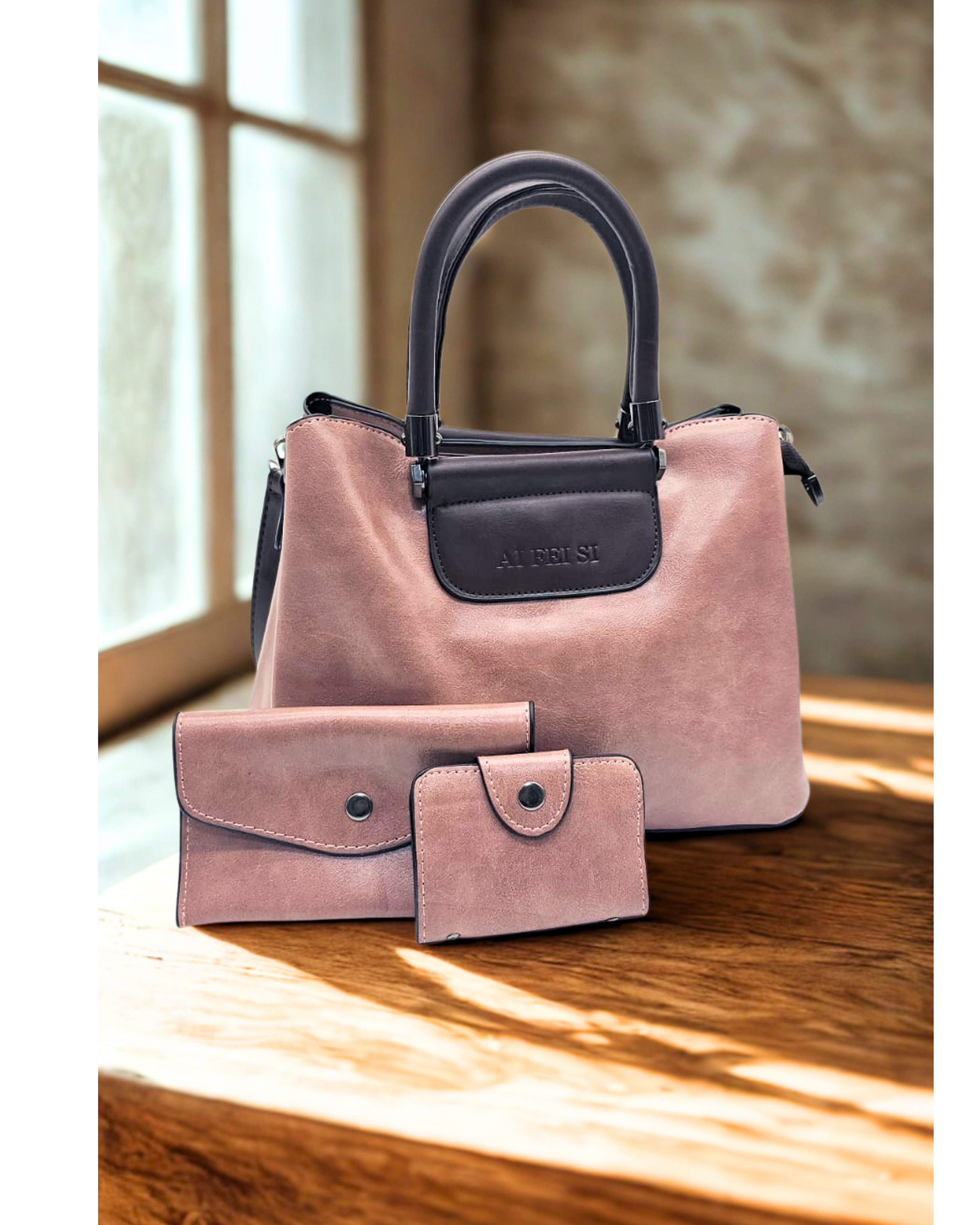 Luxury Two-Tone PU Leather Women Handbag Set with Matching Wallet