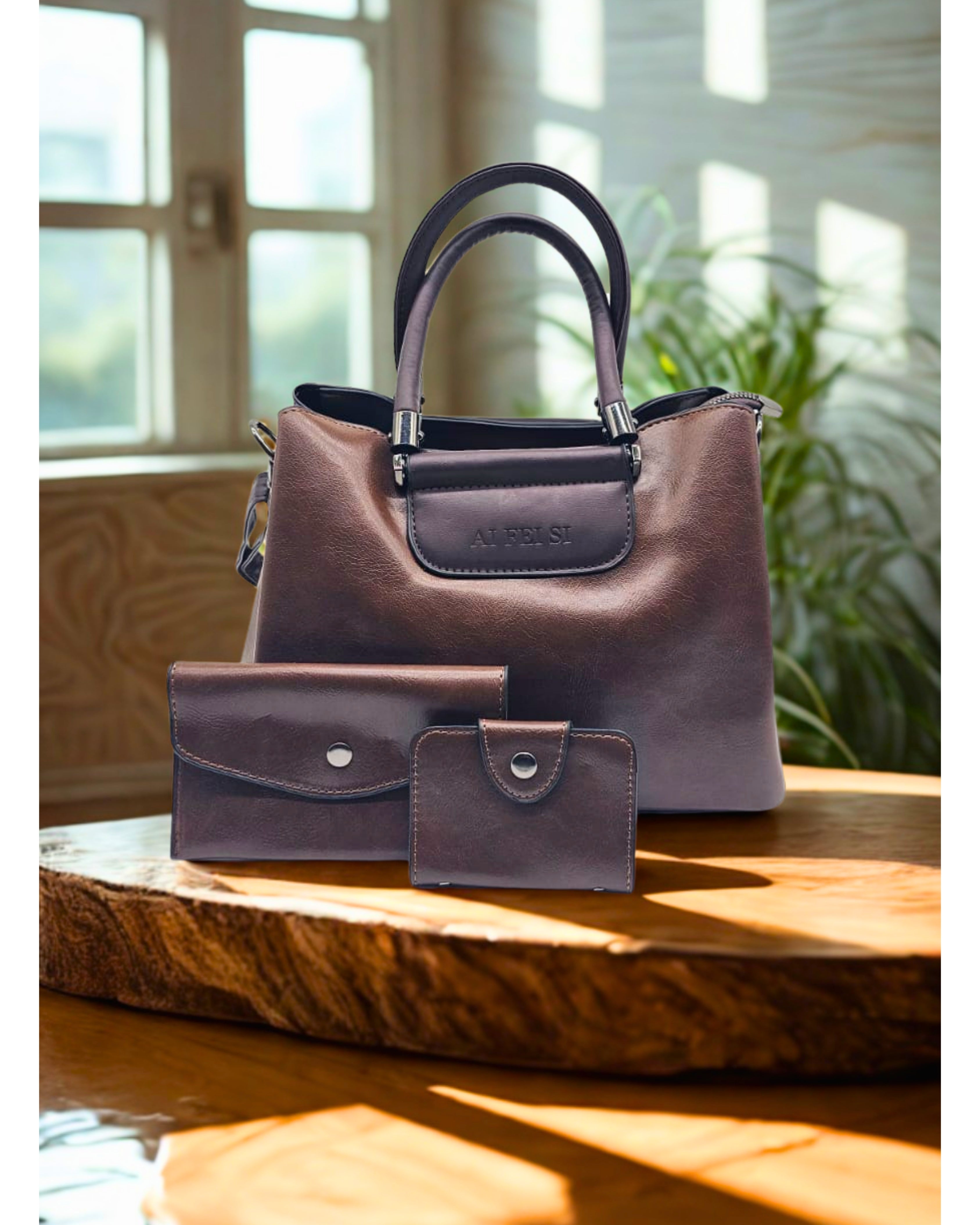 Luxury Two-Tone PU Leather Women Handbag Set with Matching Wallet