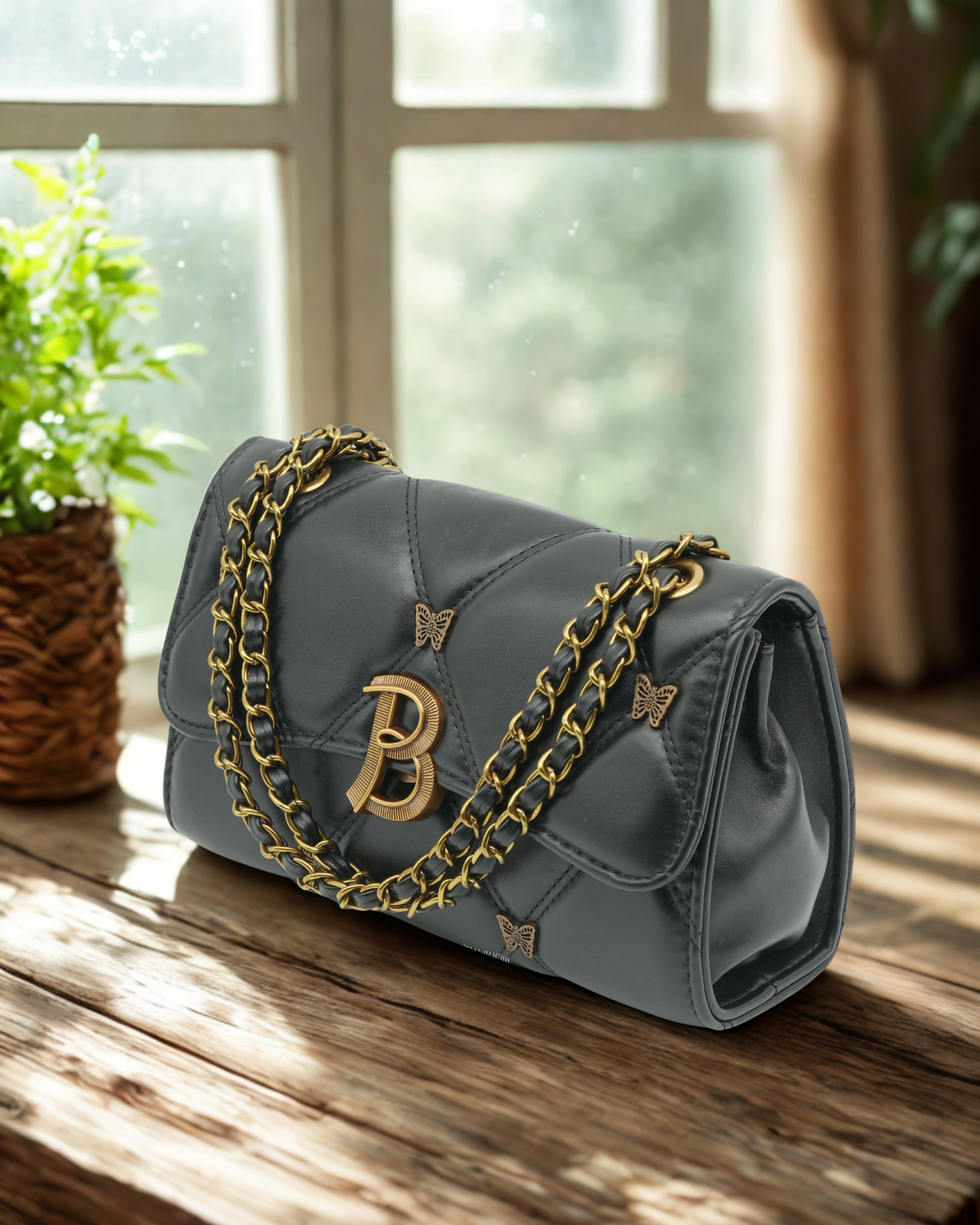 Luxury Black Quilted Pu Leather Shoulder Bag – Women’s Chain Crossbody Purse with Gold B Logo & Butterfly Accents