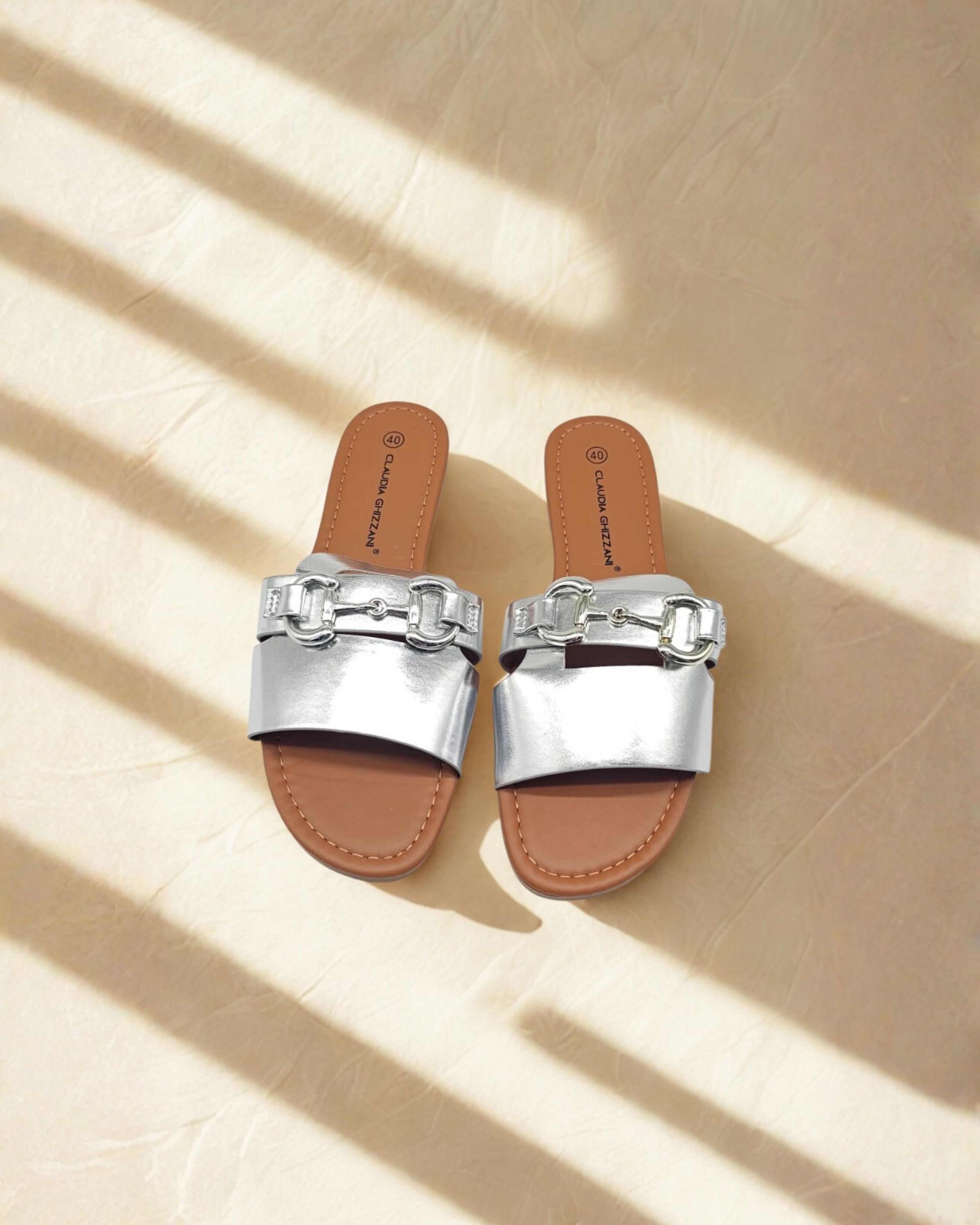 Women’s Silver Slip-On Sandals with Chain Detail – Elegant Flat Slides for Party, Eid & Evening Wear