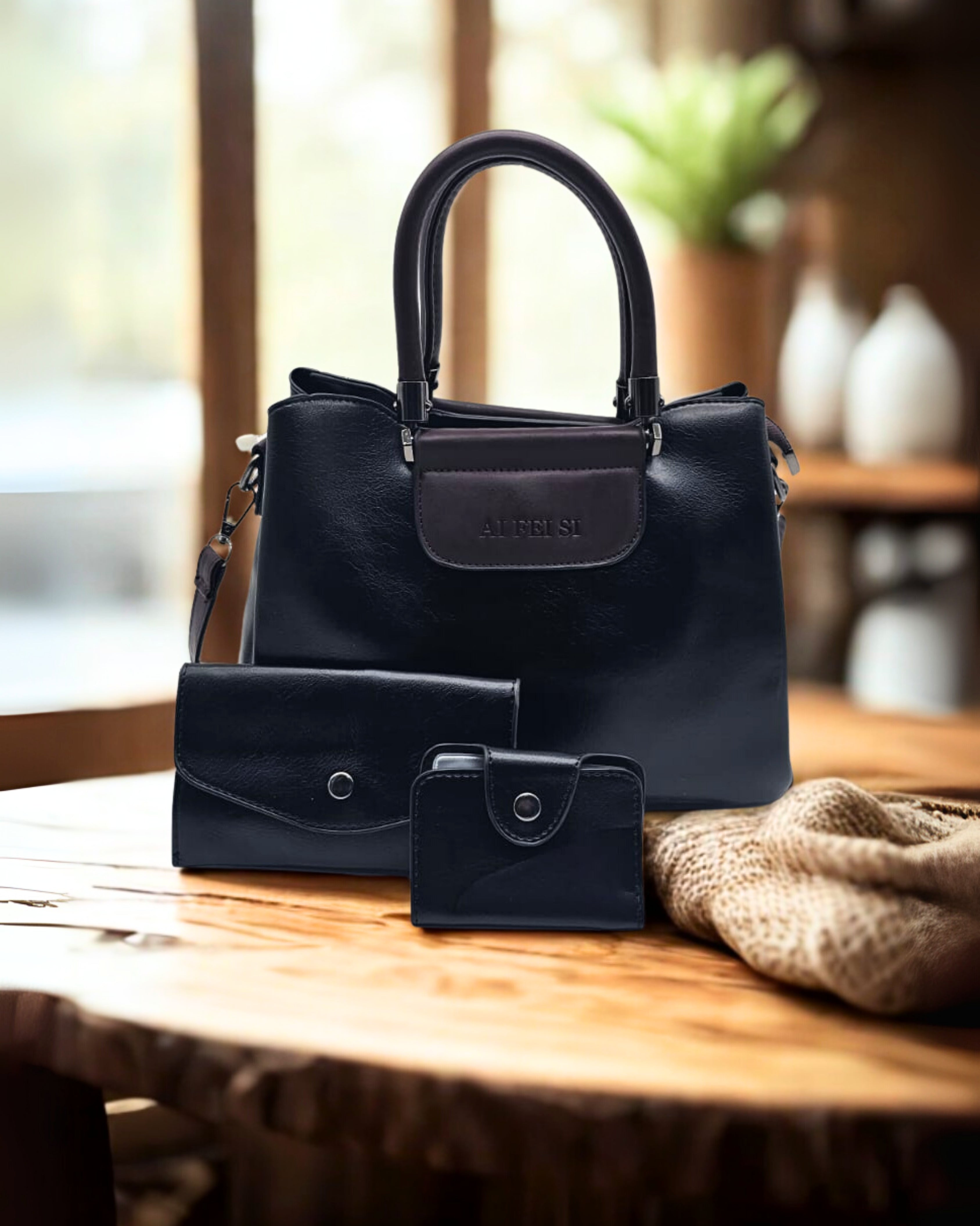 Luxury Two-Tone PU Leather Women Handbag Set with Matching Wallet