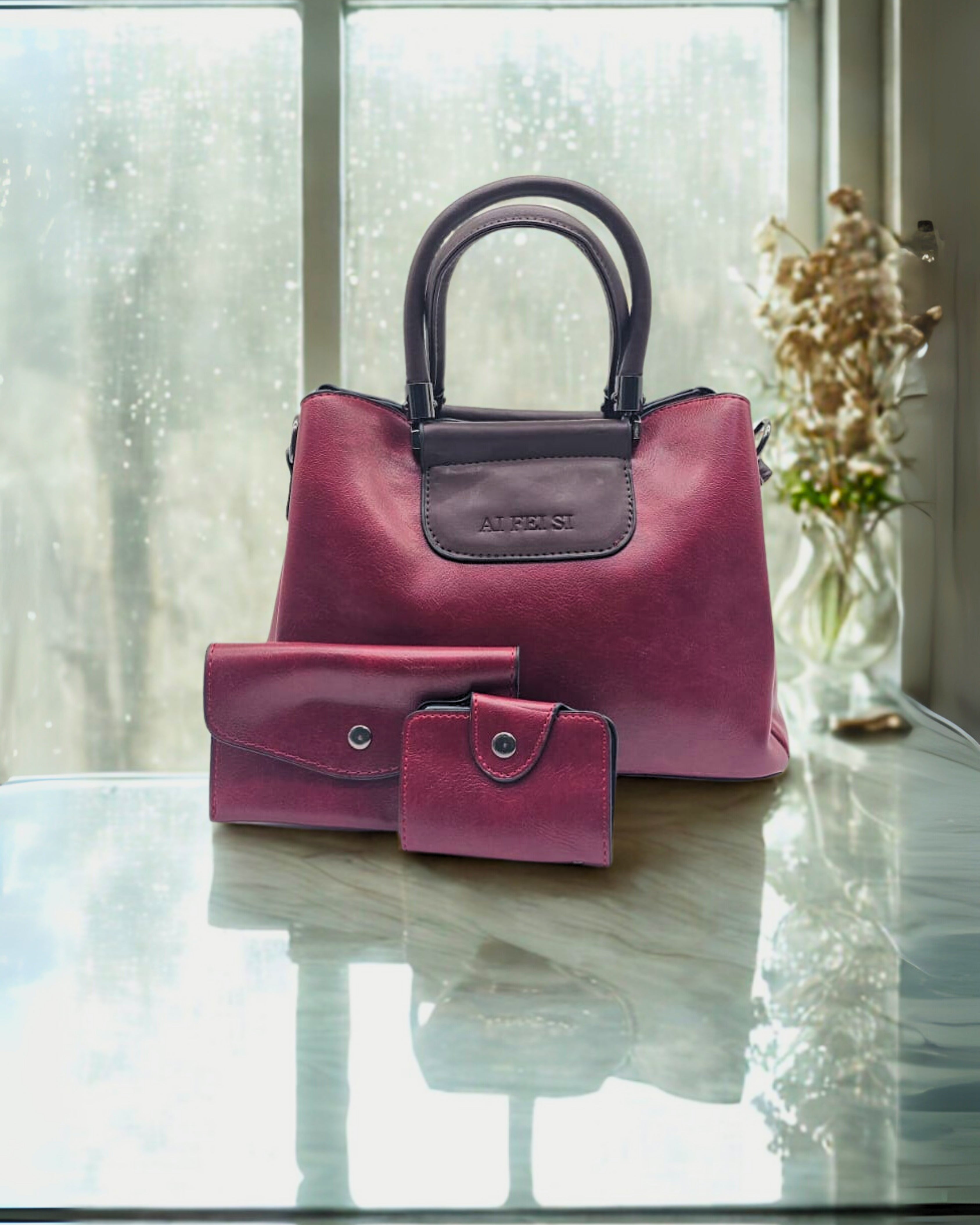 Luxury Two-Tone PU Leather Women Handbag Set with Matching Wallet